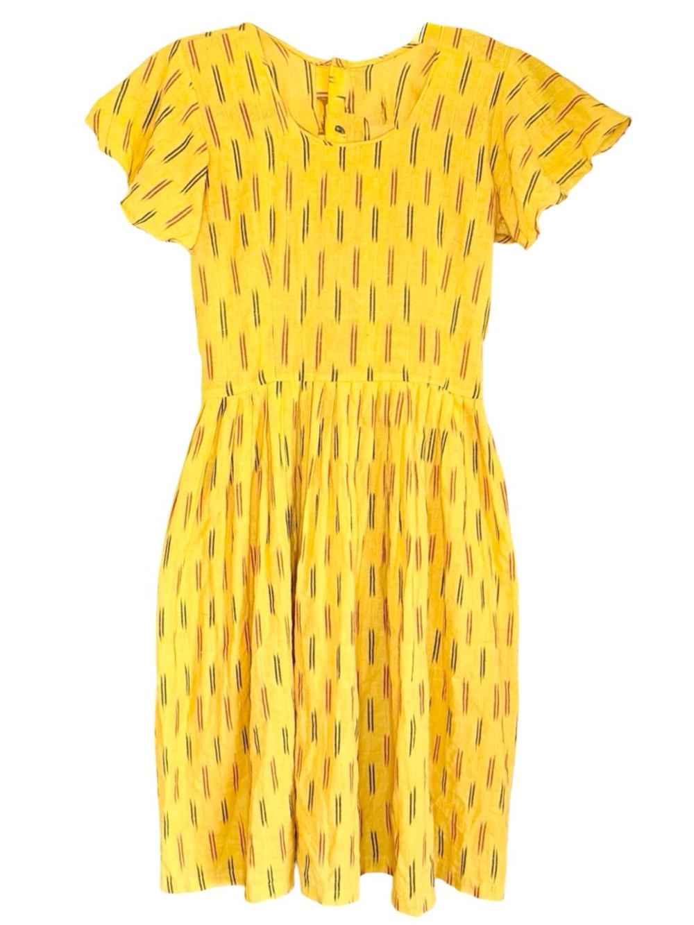 Vintage Style Yellow Cotton Fit and Flare Flutter Sleeve Print Dress - Size XS
